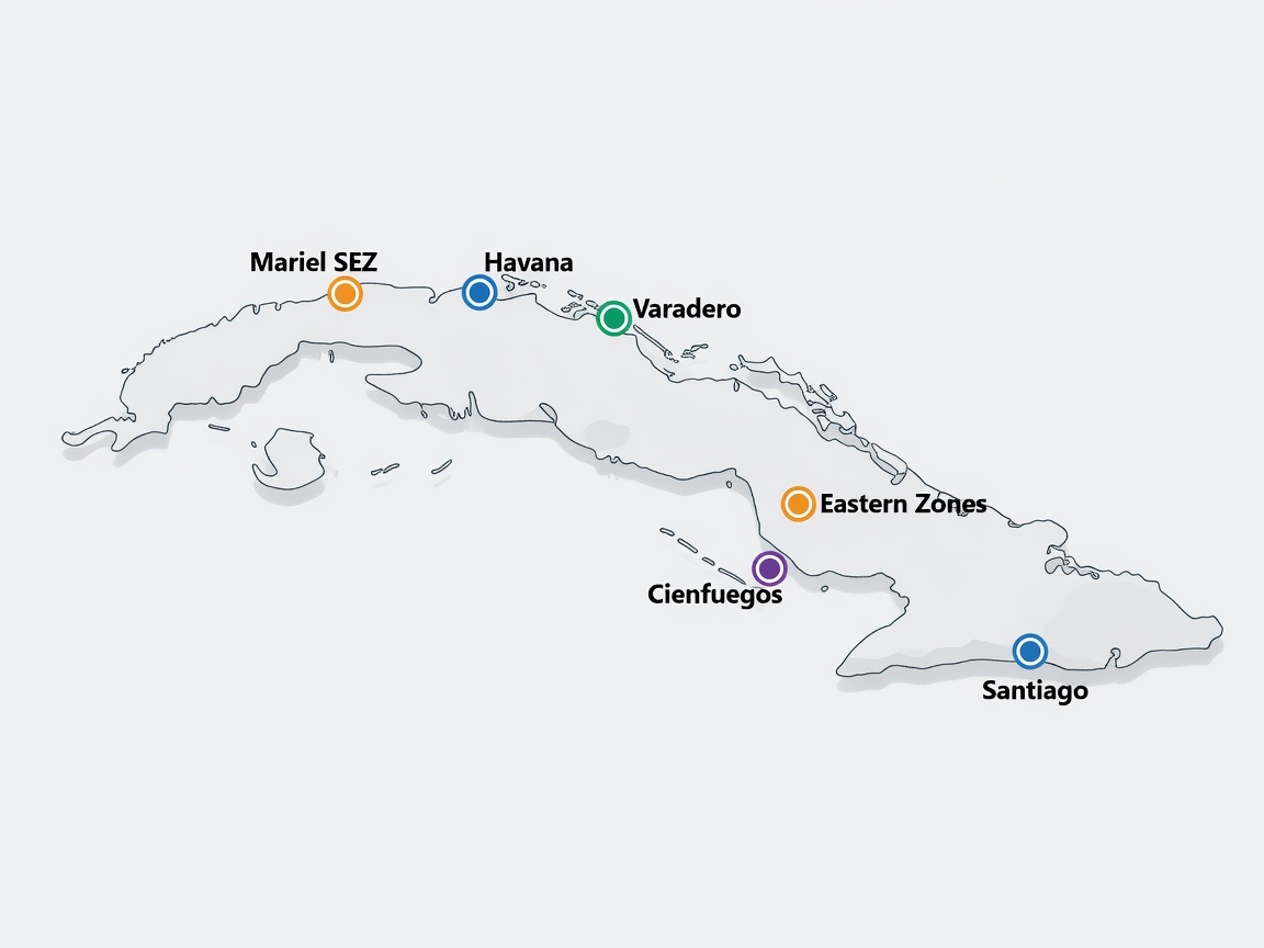 Clean professional outline map of Cuba highlighting key 2026 economic reform zones with single markers: Mariel SEZ, Havana, Varadero, Cienfuegos, Eastern Zones, Santiago